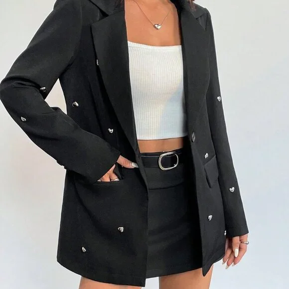 Black Elegant Women's Heart Decor Single Button Casual Long Sleeve Blazer - Picture 2 of 7
